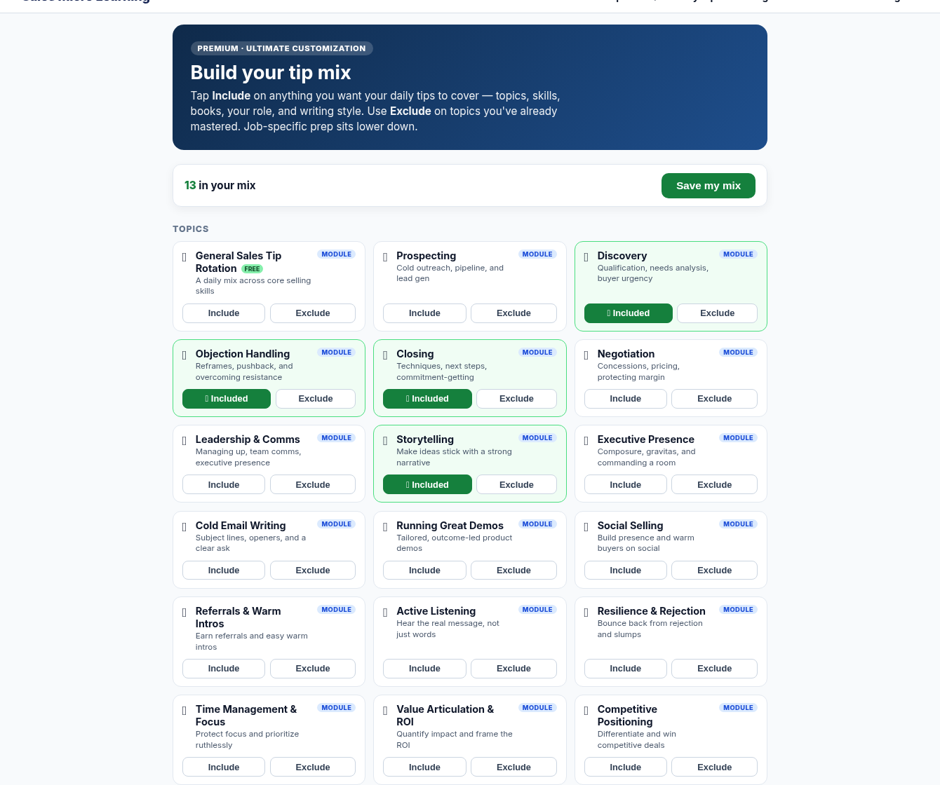 The Premium My Tips board: dragging topics, skills, books, your role, and writing style — like Discovery, Storytelling, Negotiation, and Never Split the Difference — from the Available palette into your personalized daily tip mix.